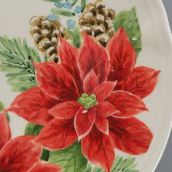 Winter Poinsettia Salad Plate, Set of 2, Cabin in Snow, Pinecone & Floral Design - Picture 4 of 10